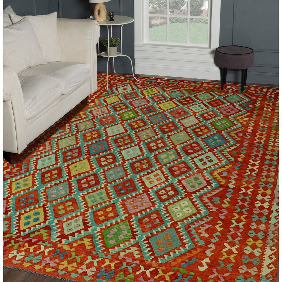 Hand-Woven Sangat Kilim Dulcelin Rust/Blue Rug - 9'7" x 12'8"