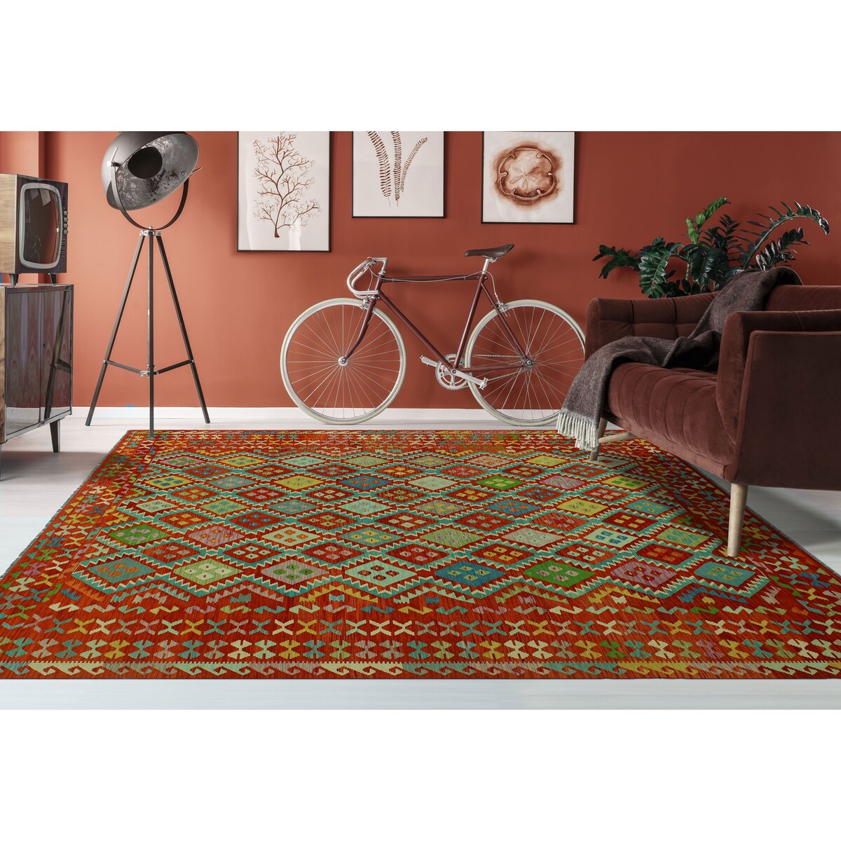 Hand-Woven Sangat Kilim Dulcelin Rust/Blue Rug - 9'7" x 12'8"