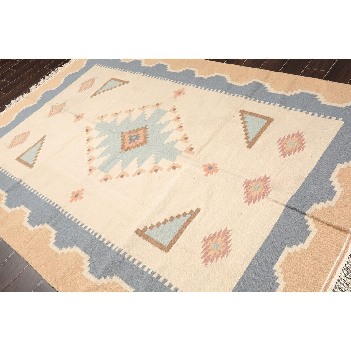 Hand Woven Southwestern Beige, Blue Wool Oriental Area Rug (6x9) - 6' x 9'