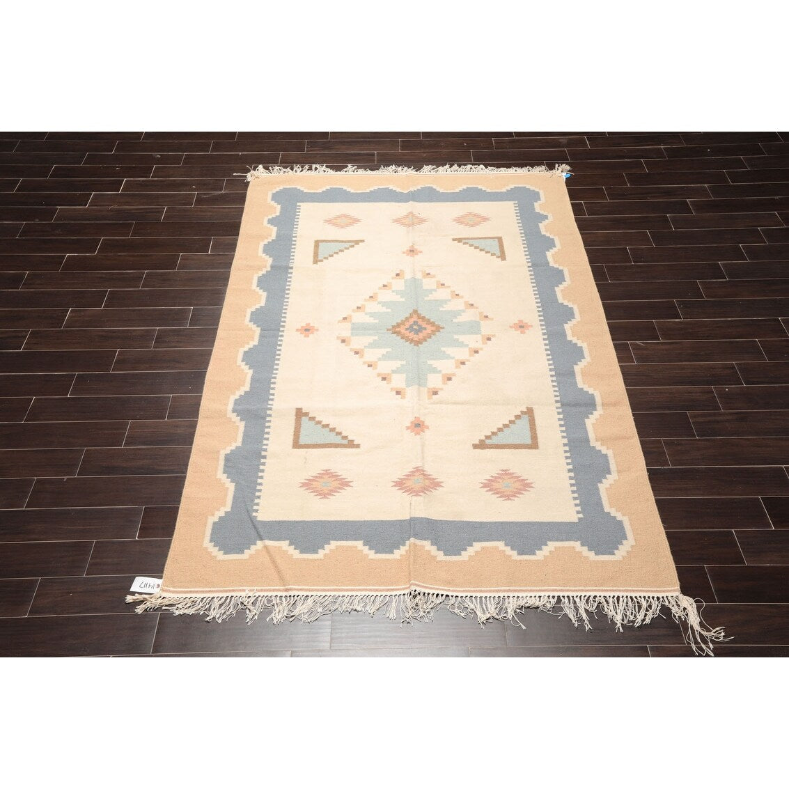 Hand Woven Southwestern Beige, Blue Wool Oriental Area Rug (6x9) - 6' x 9'