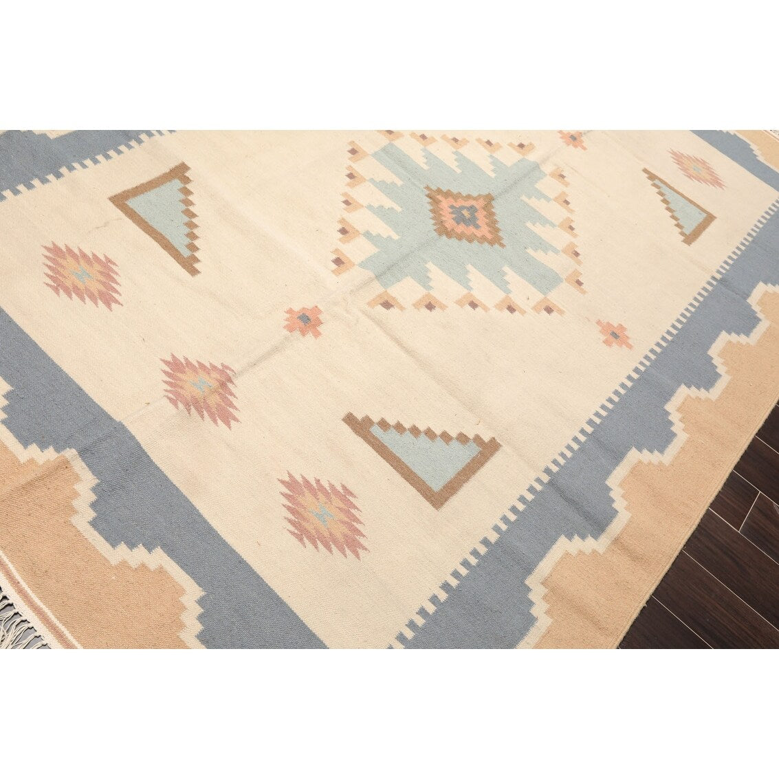 Hand Woven Southwestern Beige, Blue Wool Oriental Area Rug (6x9) - 6' x 9'