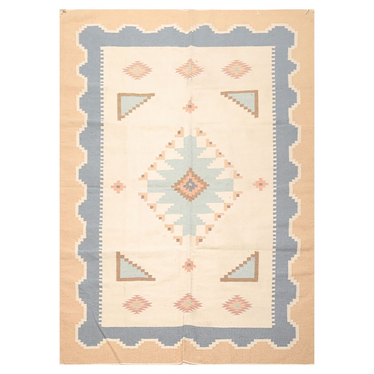 Hand Woven Southwestern Beige, Blue Wool Oriental Area Rug (6x9) - 6' x 9'