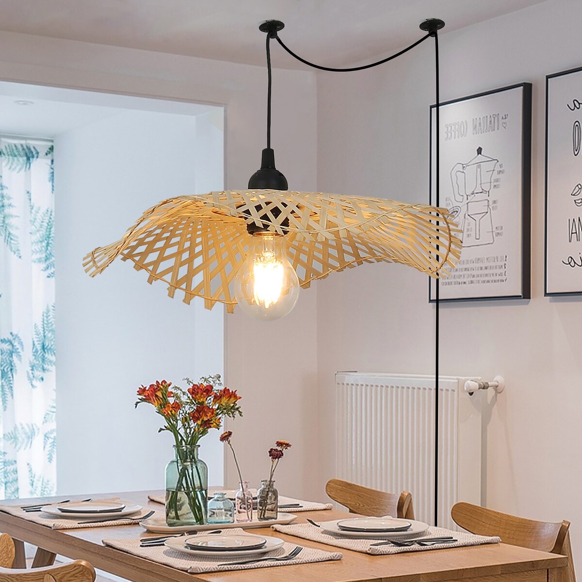 Hand-Woven Wicker Inserted Cord Ceiling Suspension Light