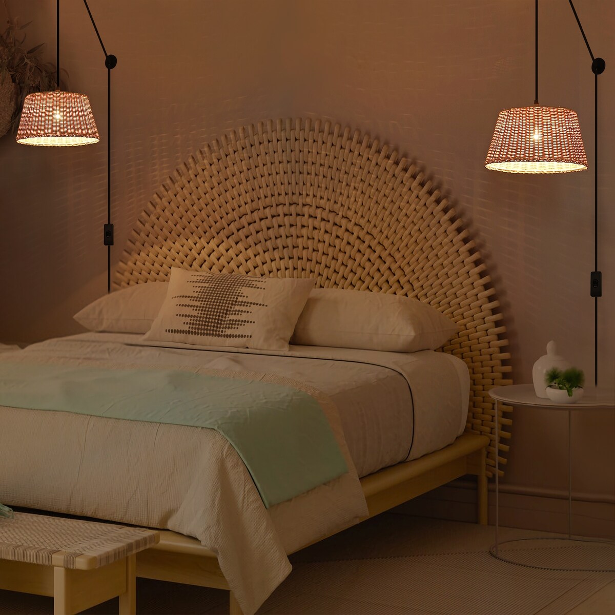 Hand-Woven Wicker Inserted Cord Ceiling Suspension Light