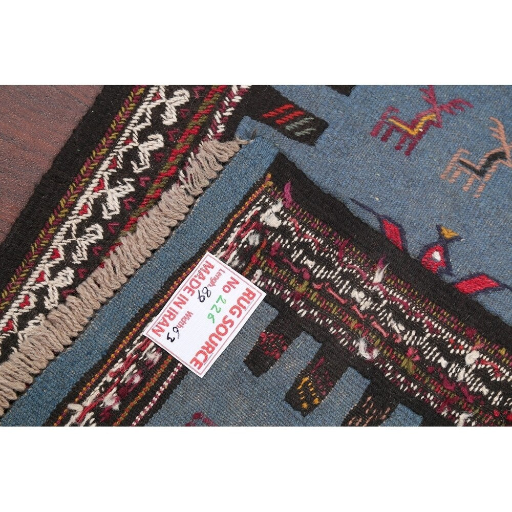 Hand Woven Woolen Blue Kilim Shiraz Persian Carpet Area Rug - 2'9" x 2'1"