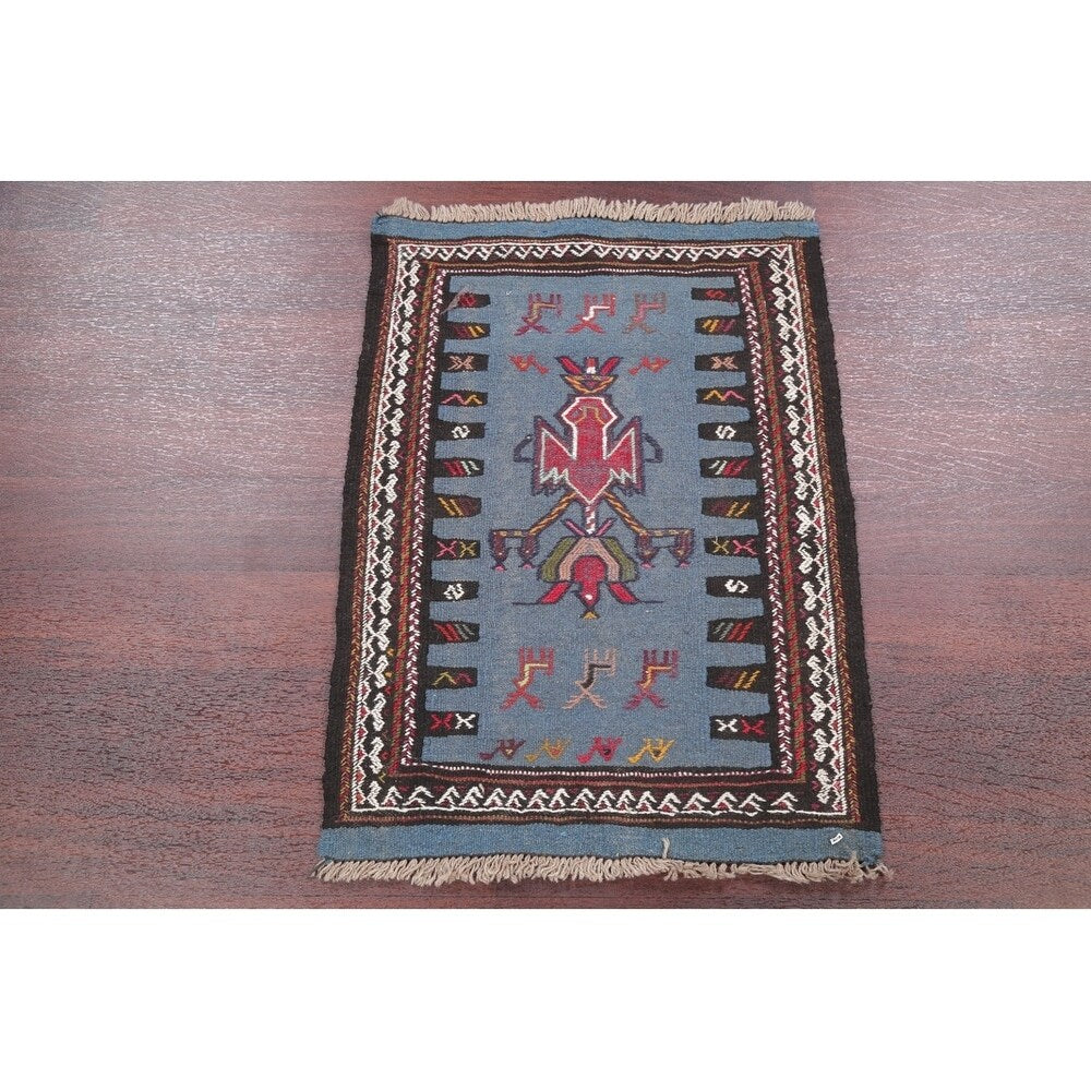 Hand Woven Woolen Blue Kilim Shiraz Persian Carpet Area Rug - 2'9" x 2'1"