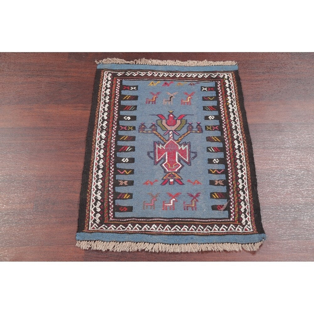Hand Woven Woolen Blue Kilim Shiraz Persian Carpet Area Rug - 2'9" x 2'1"