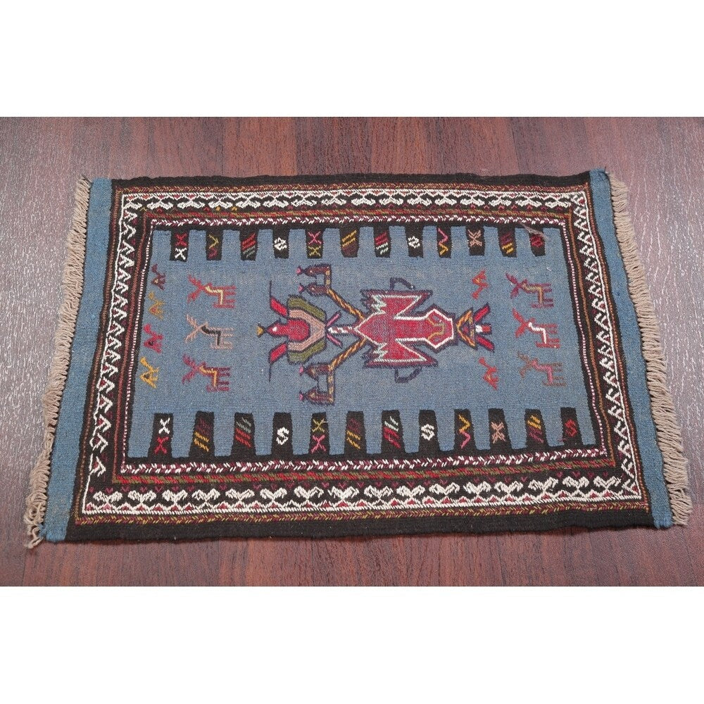 Hand Woven Woolen Blue Kilim Shiraz Persian Carpet Area Rug - 2'9" x 2'1"