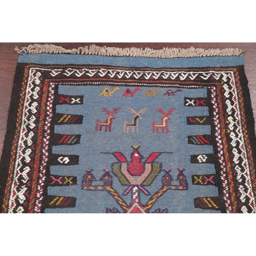 Hand Woven Woolen Blue Kilim Shiraz Persian Carpet Area Rug - 2'9" x 2'1"