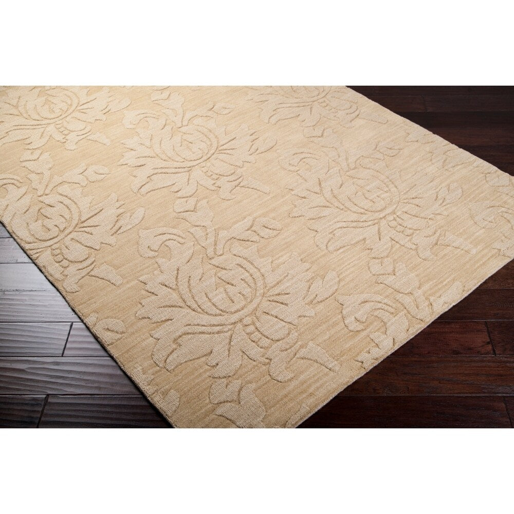 Hand-crafted Solid Beige Damask Contrel Wool Area Rug - 8' x 11'/Surplus