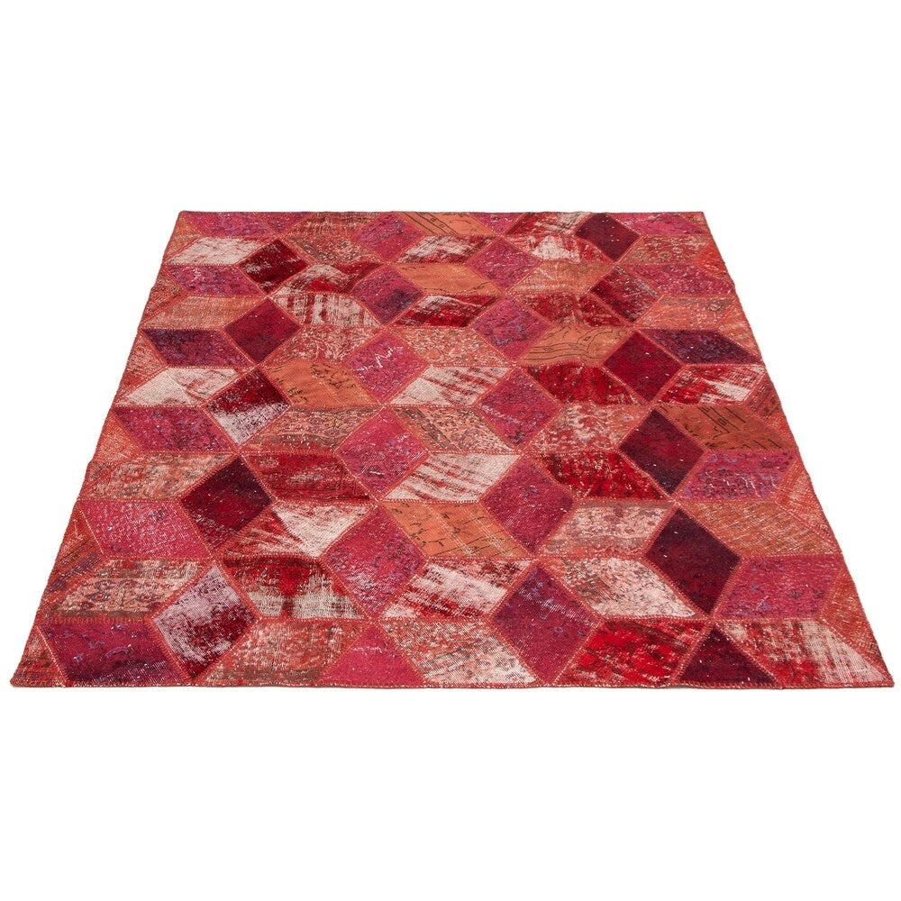 Hand-knotted Color Patchwork Red Wool Rug - 6'10 x 8'9/6'10" x 8'9"