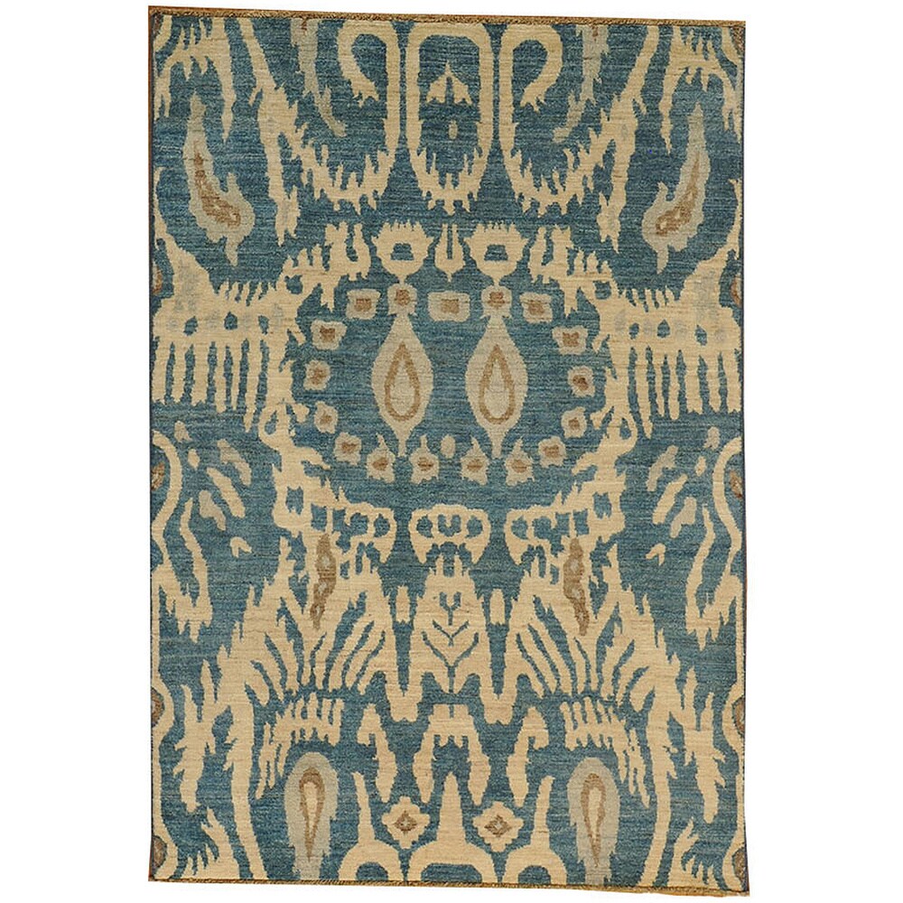Hand-knotted Denim Blue Ikat Uzbek Design Oriental Rug Wool Area Rug (4'2 x 6')