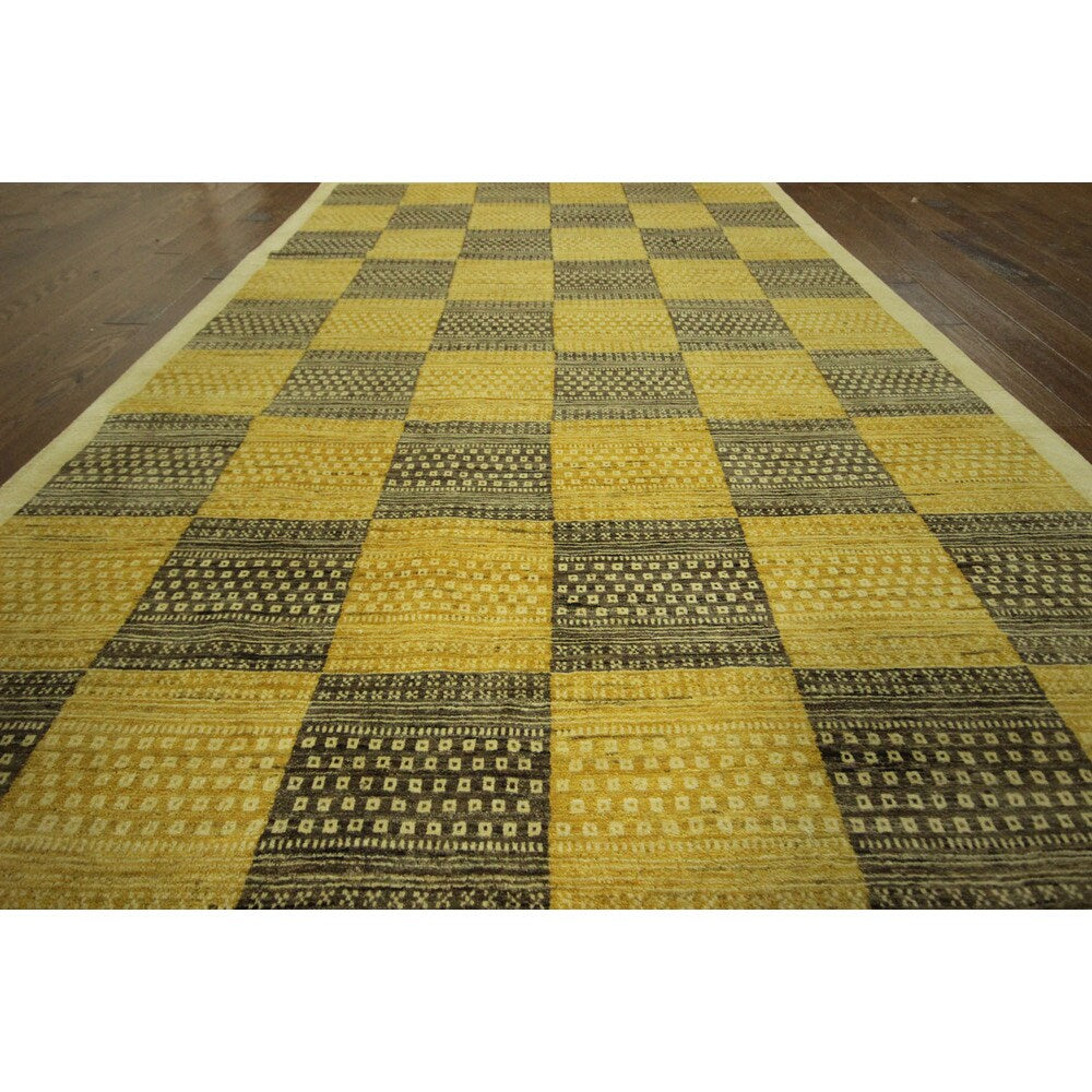 Hand-knotted Earth Tone Checked High KPSI Gabbeh Wool Area Rug (7' x 10')