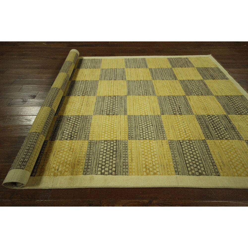 Hand-knotted Earth Tone Checked High KPSI Gabbeh Wool Area Rug (7' x 10')