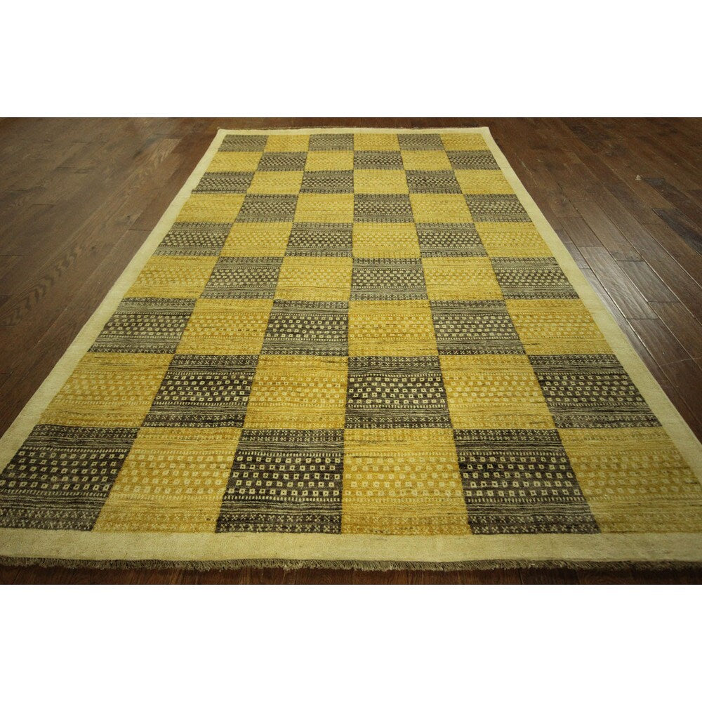 Hand-knotted Earth Tone Checked High KPSI Gabbeh Wool Area Rug (7' x 10')