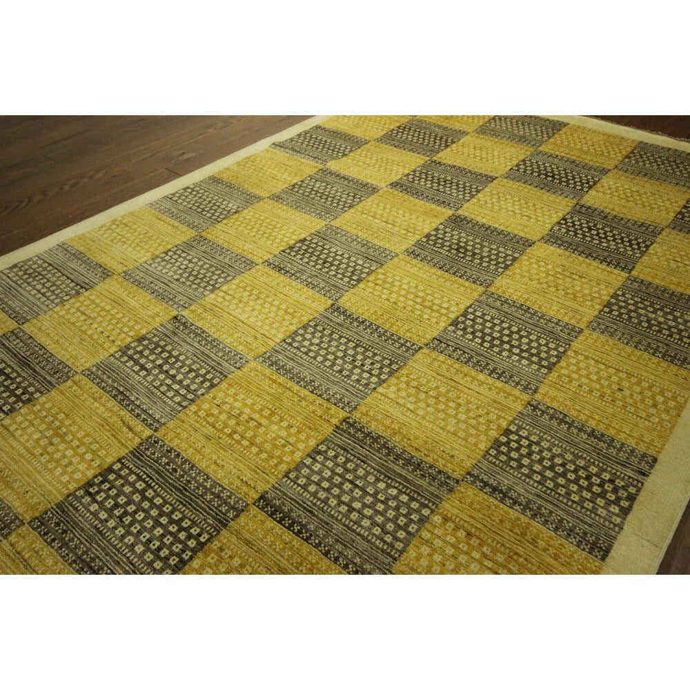 Hand-knotted Earth Tone Checked High KPSI Gabbeh Wool Area Rug (7' x 10')
