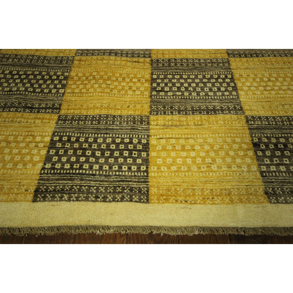 Hand-knotted Earth Tone Checked High KPSI Gabbeh Wool Area Rug (7' x 10')