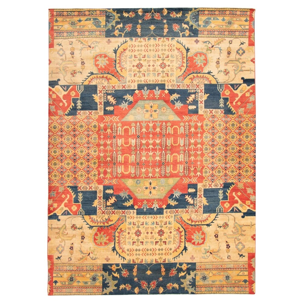 Hand-knotted Finest Gazni Ivory, Red Rug - ECARPETGALLERY - 9'9 x 13'9
