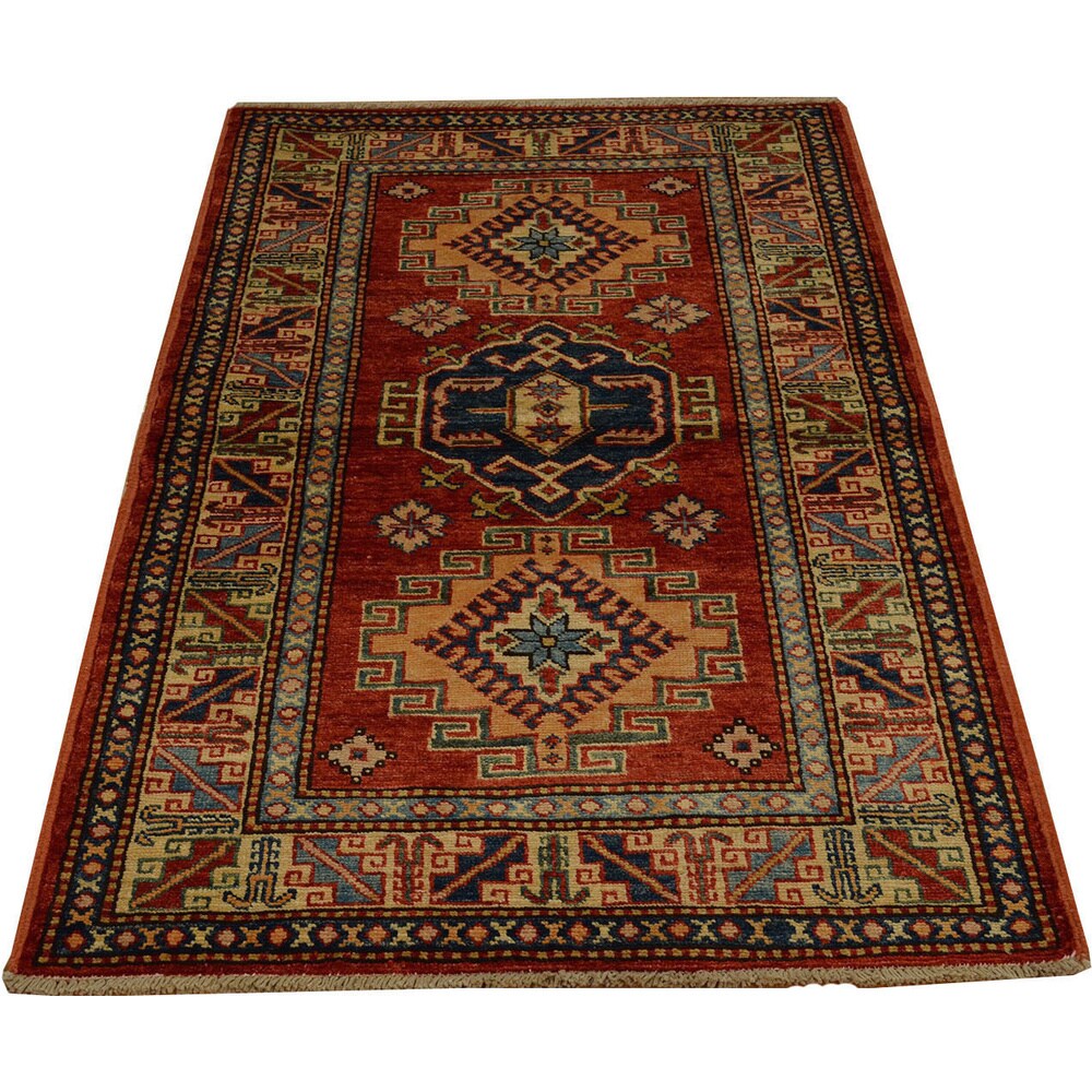 Hand-knotted Geometric Design Super Kazak Rug Wool Area Rug (2'8 x 4'2)