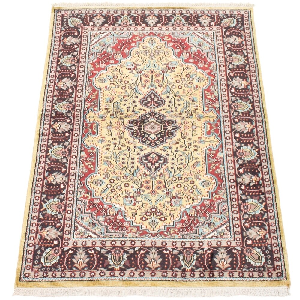 Hand-knotted Kashmir Grey, Khaki Silk Rug - ECARPETGALLERY - 4'3 x 6'0