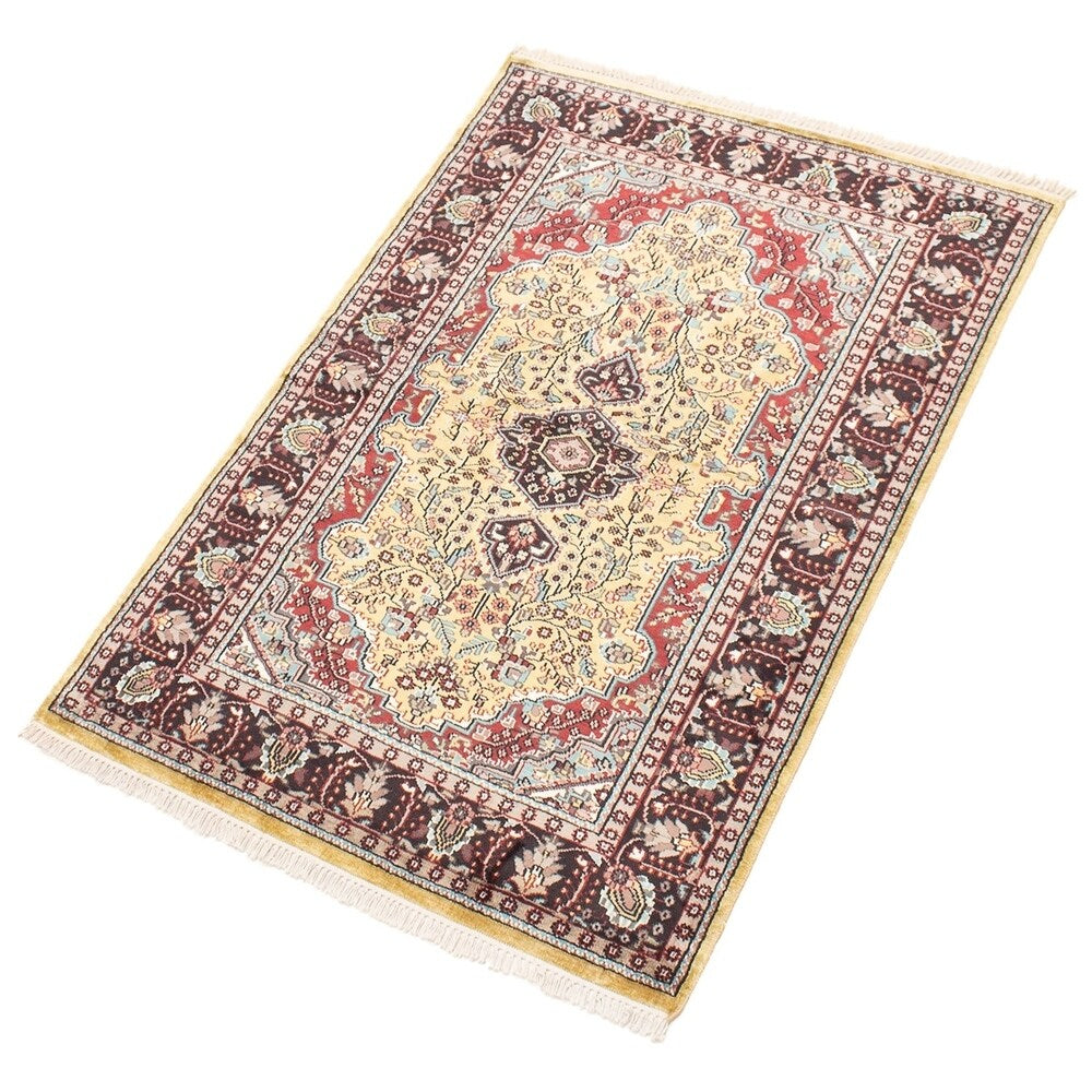 Hand-knotted Kashmir Grey, Khaki Silk Rug - ECARPETGALLERY - 4'3 x 6'0