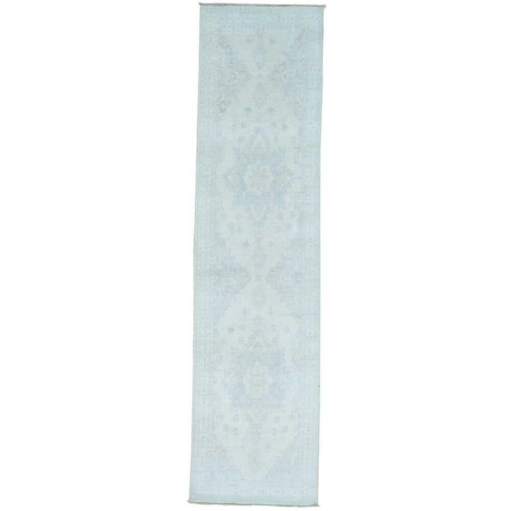 Hand-knotted Pure Wool Ivory Silver Wash Runner Oushak Rug (2'6 x 9'9)
