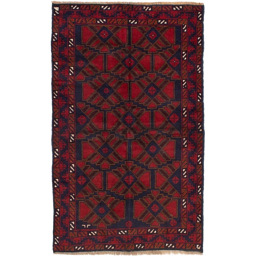Hand-knotted Teimani Navy, Red Wool Rug - 3'6 x 5'10