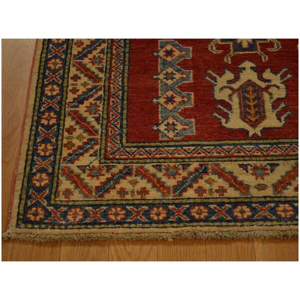 Hand-knotted Tribal Design Red Kazak Wool Area Rug (3' x 4'2)