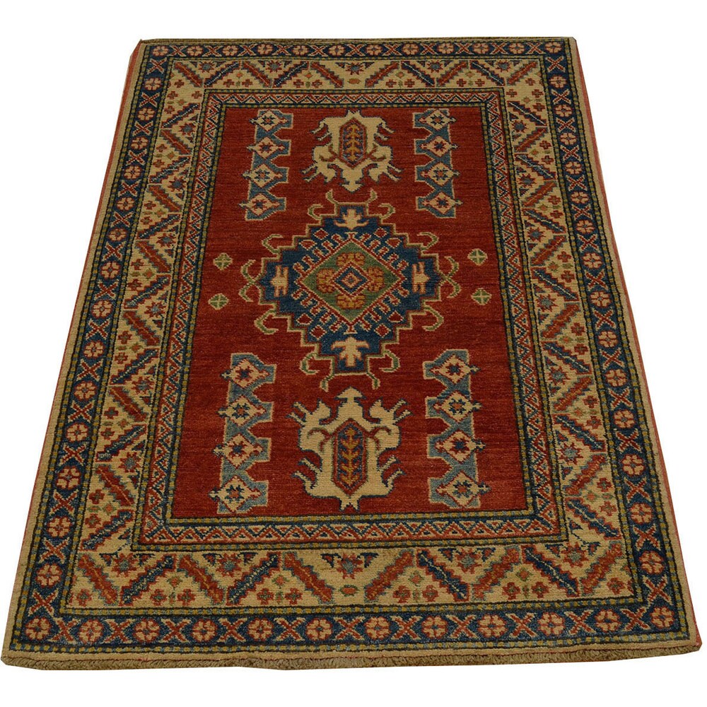 Hand-knotted Tribal Design Red Kazak Wool Area Rug (3' x 4'2)
