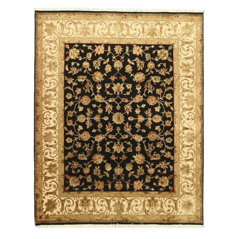 Hand-knotted Wool & Silk Black Traditional Oriental Flower Jaipur Rug