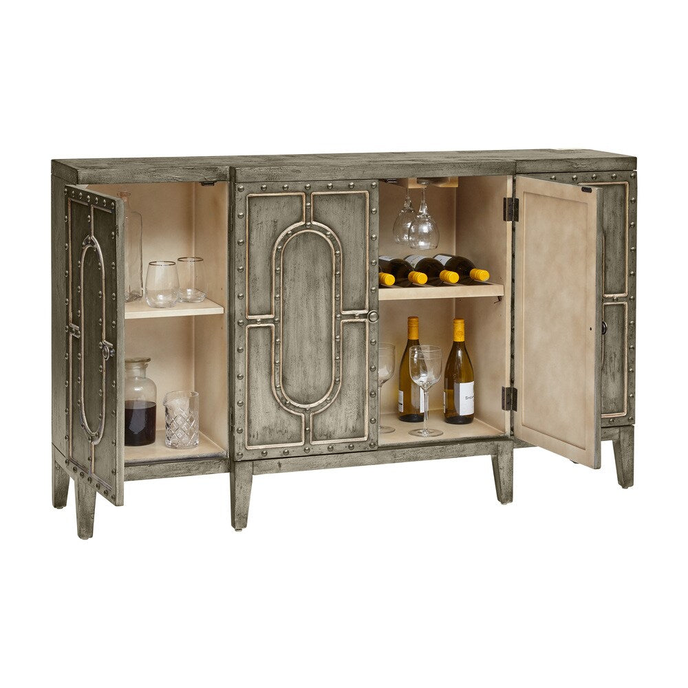 Hand-painted Distressed Sage Green Finish Bar and Wine Cabinet