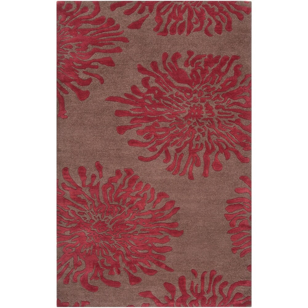 Hand-tufted Contemporary Brown/Burgundy Floral Shaki New Zealand Wool