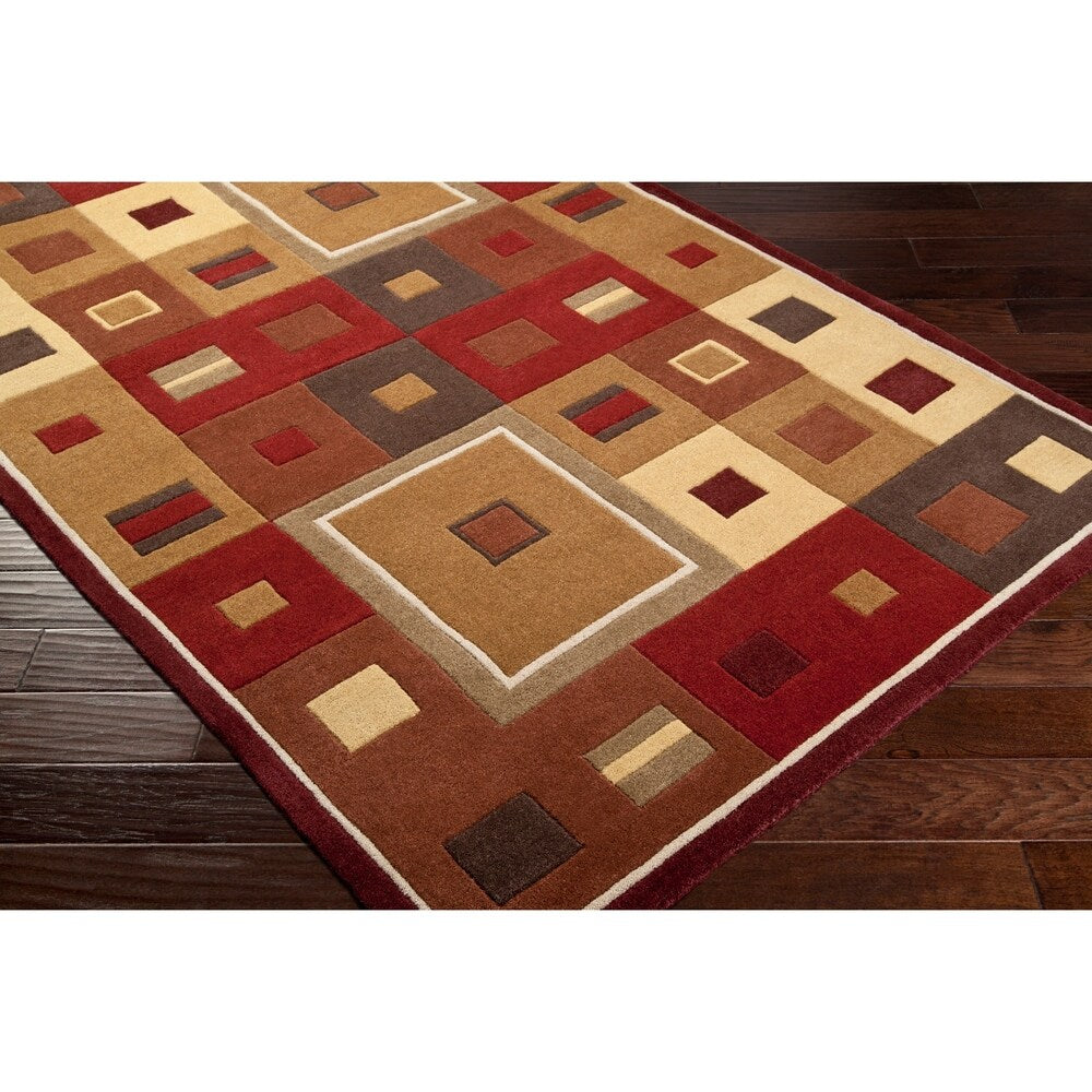 Hand-tufted Contemporary Red / Brown Geometric Square Wool Area Rug - 10' x 14'