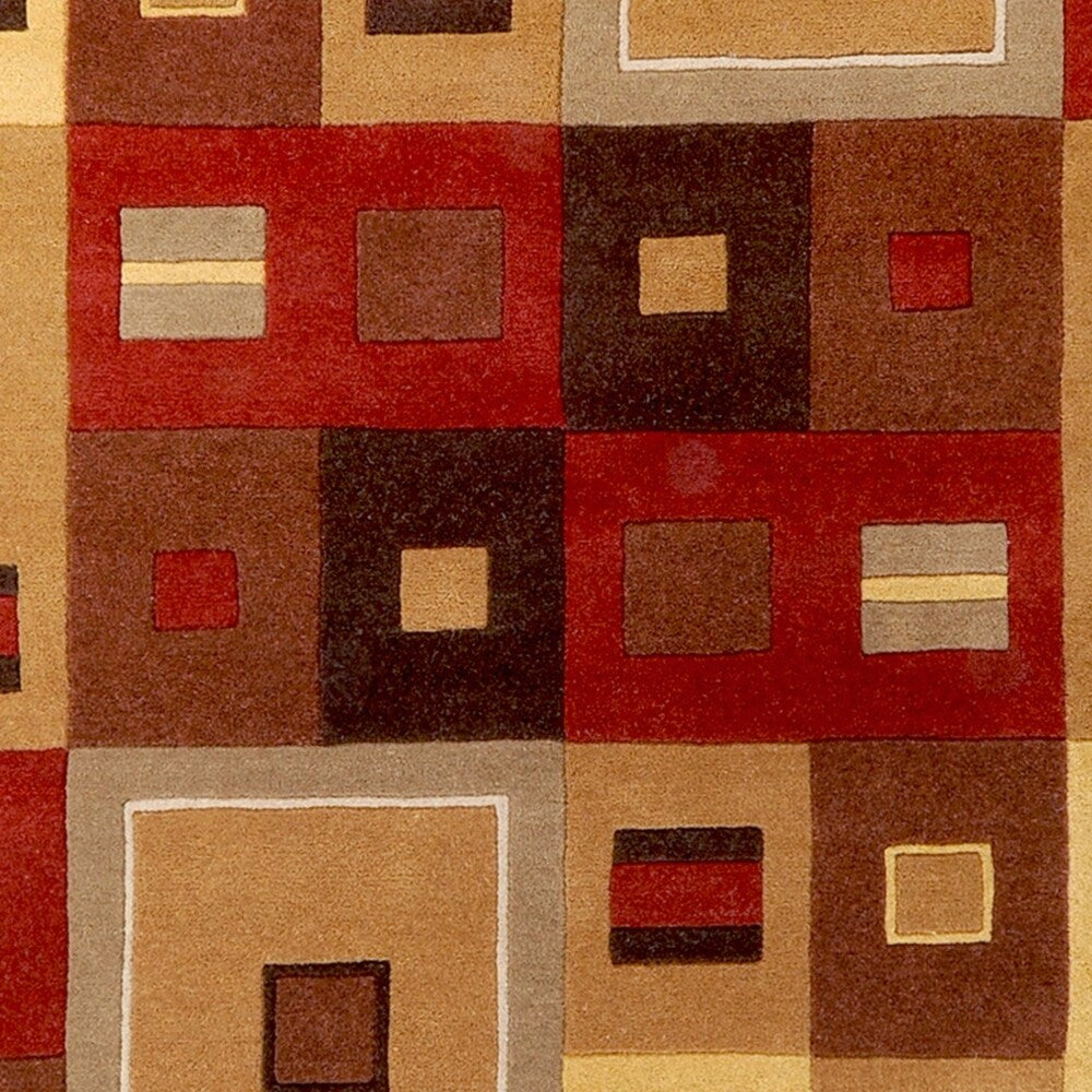 Hand-tufted Contemporary Red / Brown Geometric Square Wool Area Rug - 10' x 14'