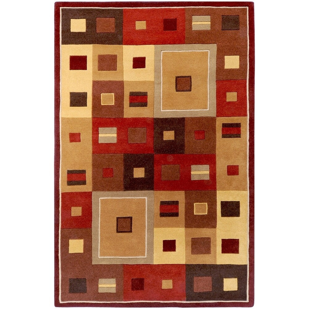 Hand-tufted Contemporary Red / Brown Geometric Square Wool Area Rug - 10' x 14'