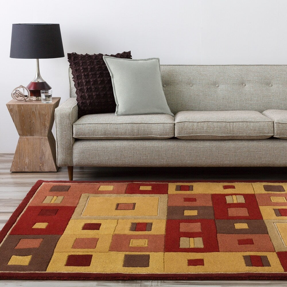 Hand-tufted Contemporary Red / Brown Geometric Square Wool Area Rug - 10' x 14'
