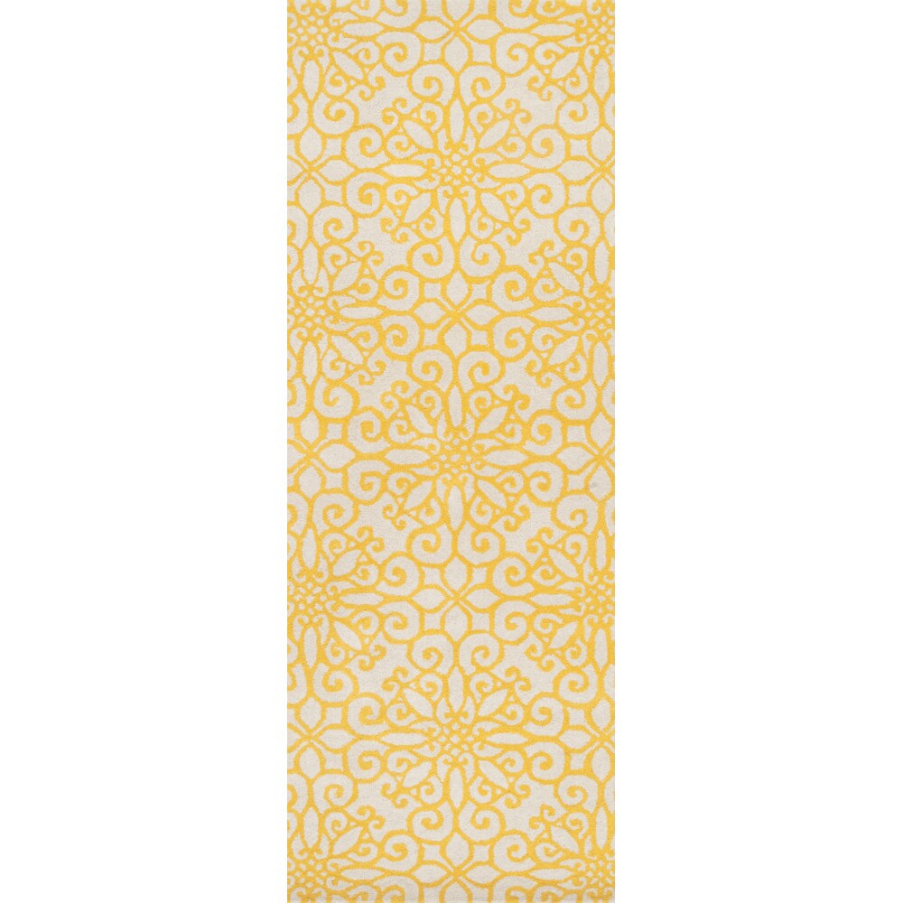 Hand-tufted Suzani Sunflower Yellow Geometric Medallion Wool Area Rug - 2'6" x 8' Runner