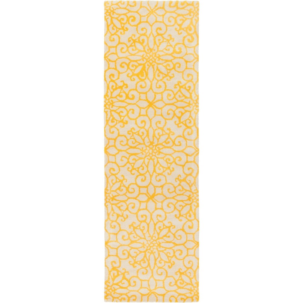 Hand-tufted Suzani Sunflower Yellow Geometric Medallion Wool Area Rug - 2'6" x 8' Runner