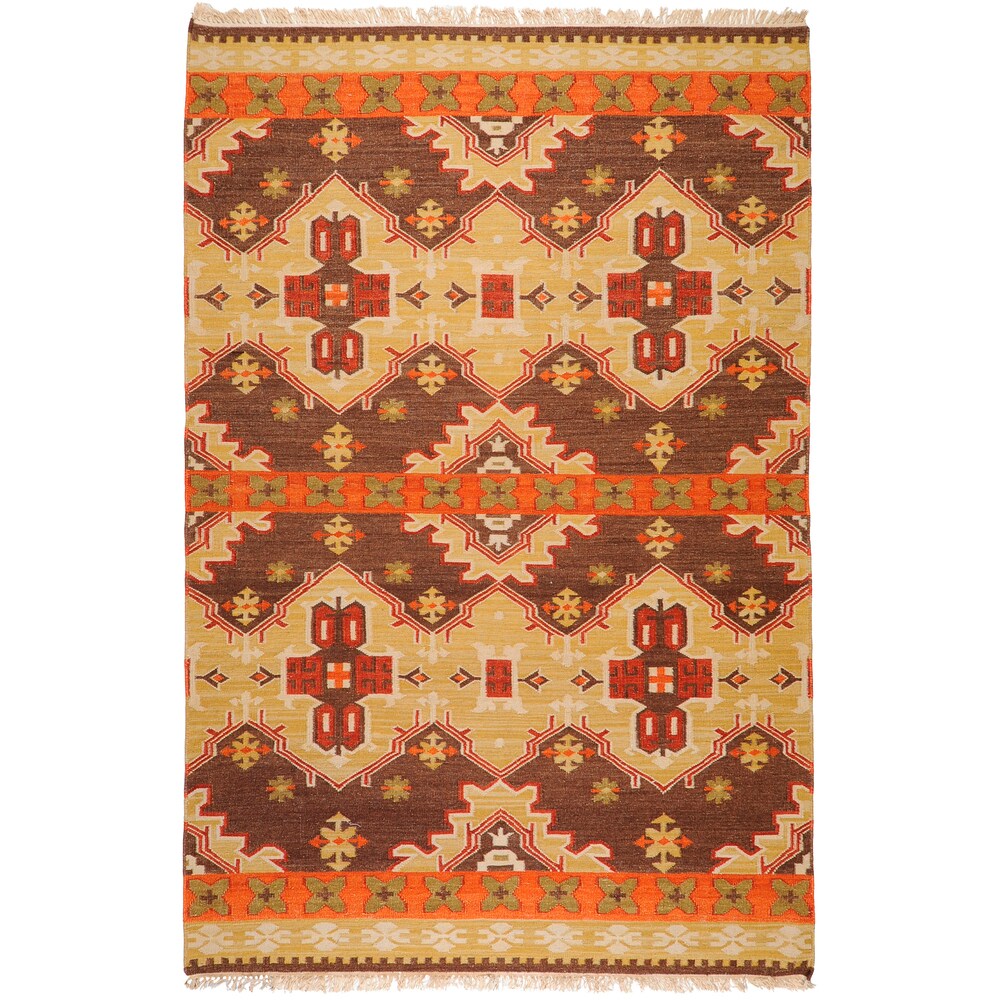 Hand-woven Orange/Brown Southwestern Aztec Keizer Hard Twist Wool Area Rug - 2' x 3'