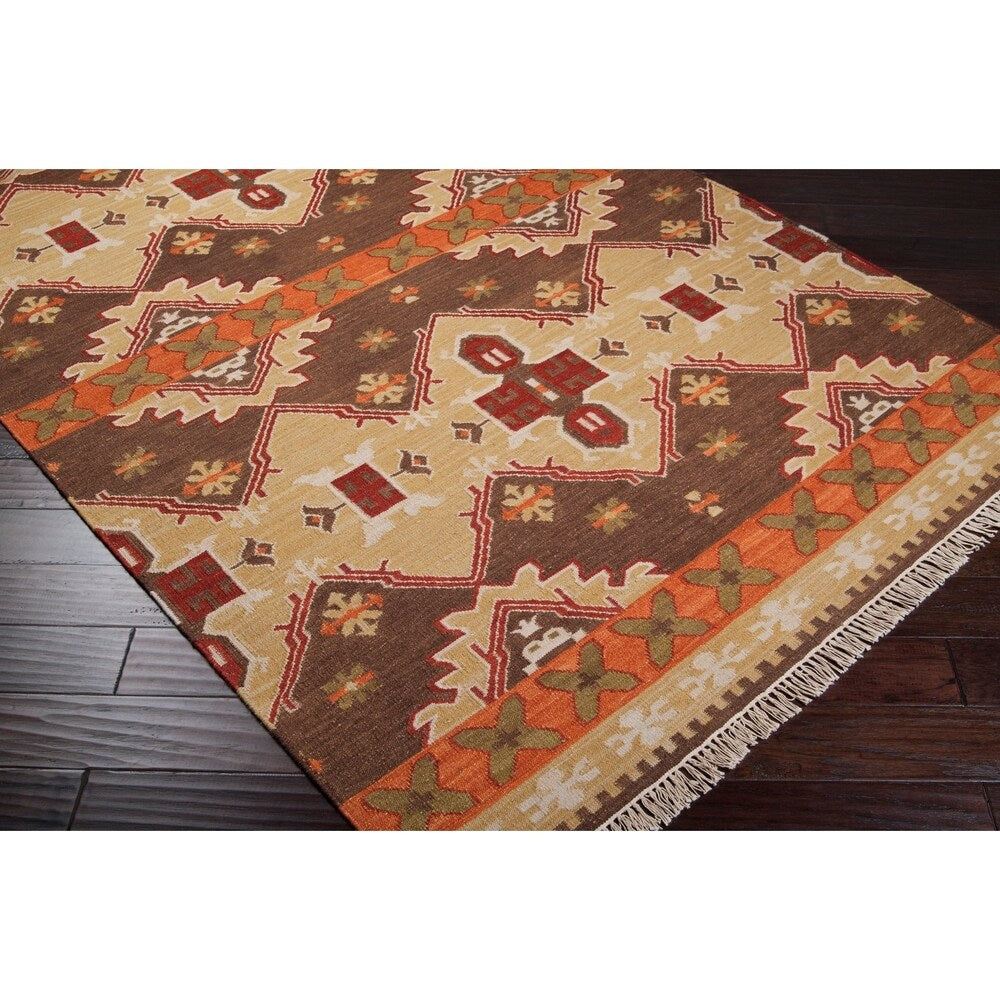 Hand-woven Orange/Brown Southwestern Aztec Keizer Hard Twist Wool Area Rug - 2' x 3'