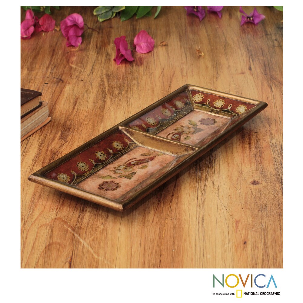 Handcrafted Reverse Painted Glass 'Vintage Rose' Tray (Peru)