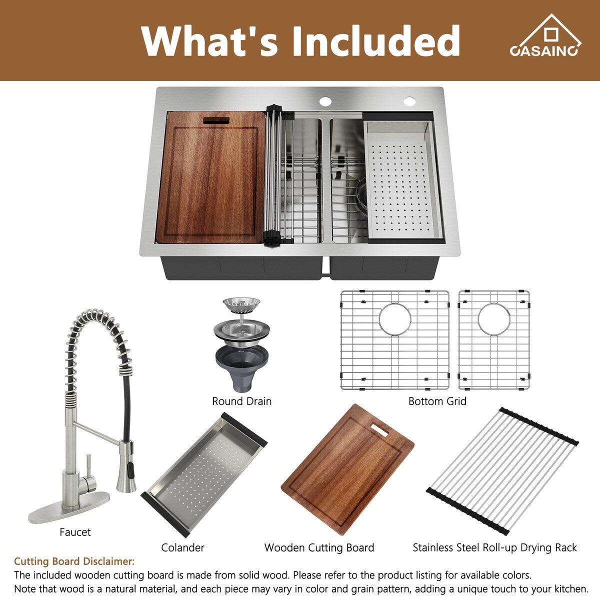 Handmade All-in-One Drop-In 2-hole 60/40 Double Bowl 18 Gauge Stainless Steel Workstation Kitchen Sink with Spring Neck Faucet