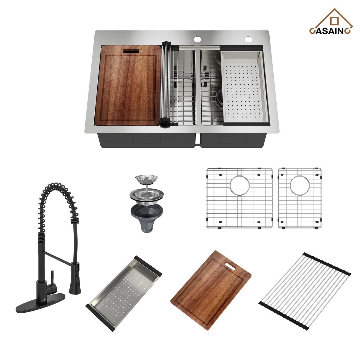 Handmade All-in-One Drop-In 2-hole 60/40 Double Bowl 18 Gauge Stainless Steel Workstation Kitchen Sink with Spring Neck Faucet