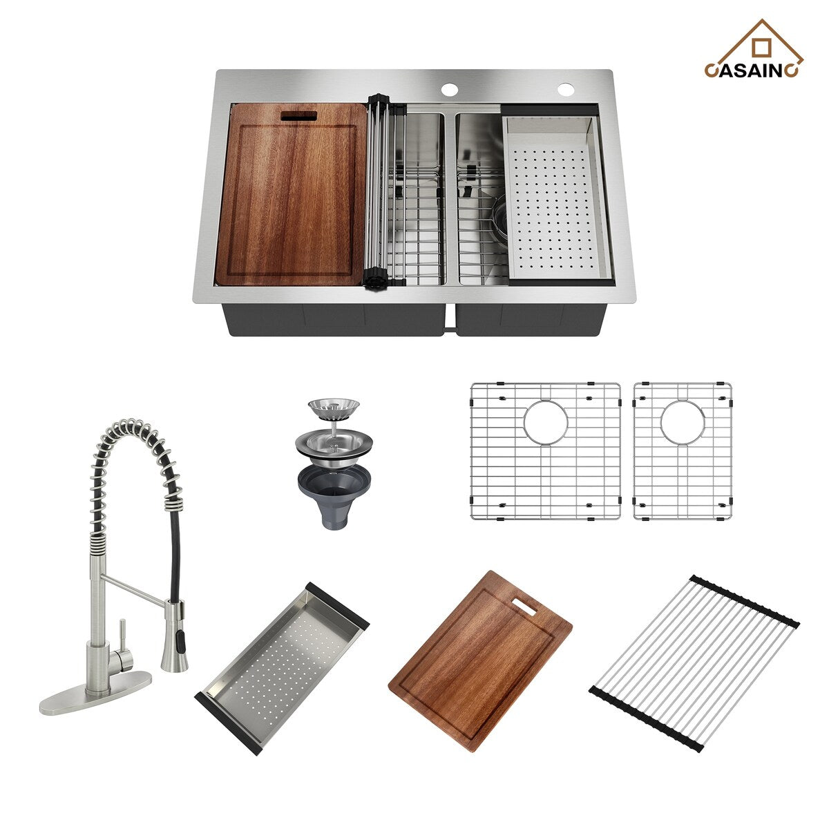 Handmade All-in-One Drop-In 2-hole 60/40 Double Bowl 18 Gauge Stainless Steel Workstation Kitchen Sink with Spring Neck Faucet