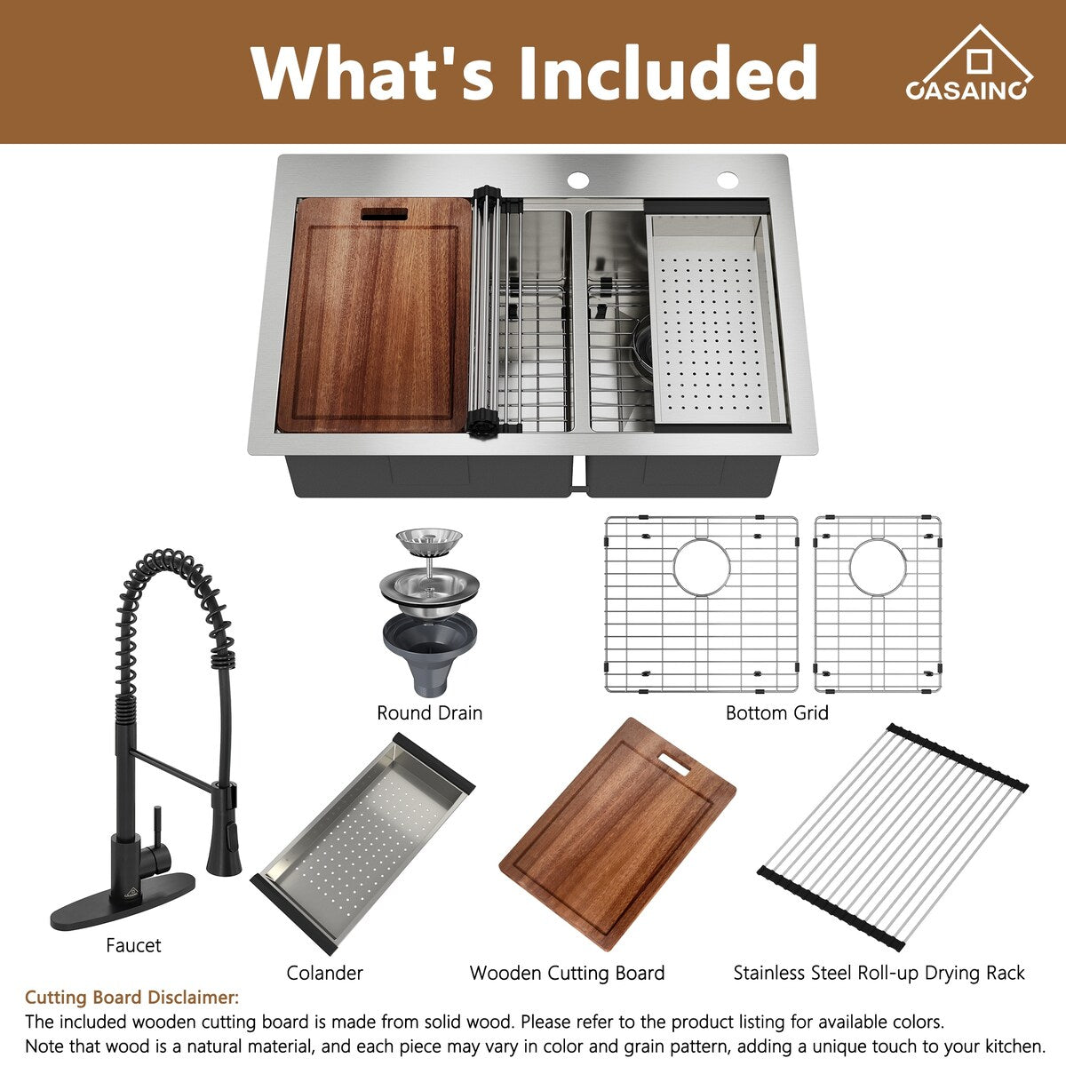 Handmade All-in-One Drop-In 2-hole 60/40 Double Bowl 18 Gauge Stainless Steel Workstation Kitchen Sink with Spring Neck Faucet