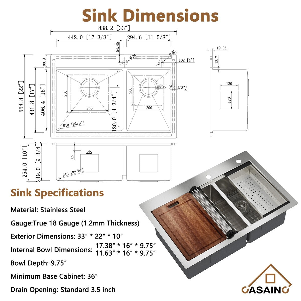 Handmade All-in-One Drop-In 2-hole 60/40 Double Bowl 18 Gauge Stainless Steel Workstation Kitchen Sink with Spring Neck Faucet