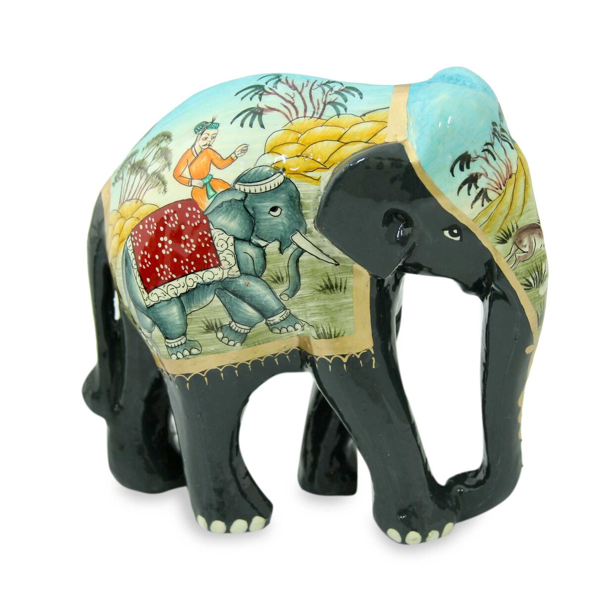 Handmade Black Elephant Trio (set of 3) Lacquered wood sculptures (India) - 31 x 16 x 11