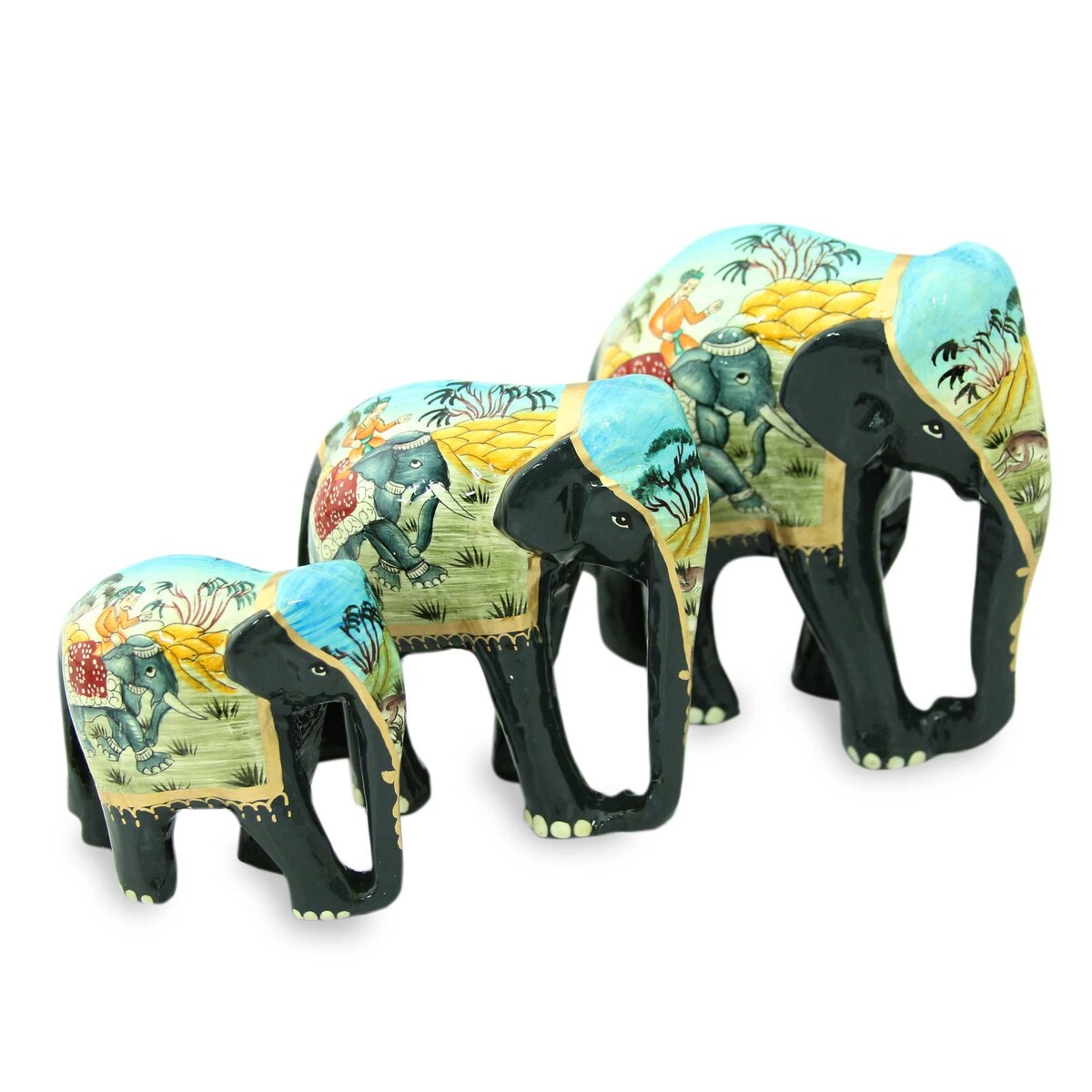 Handmade Black Elephant Trio (set of 3) Lacquered wood sculptures (India) - 31 x 16 x 11