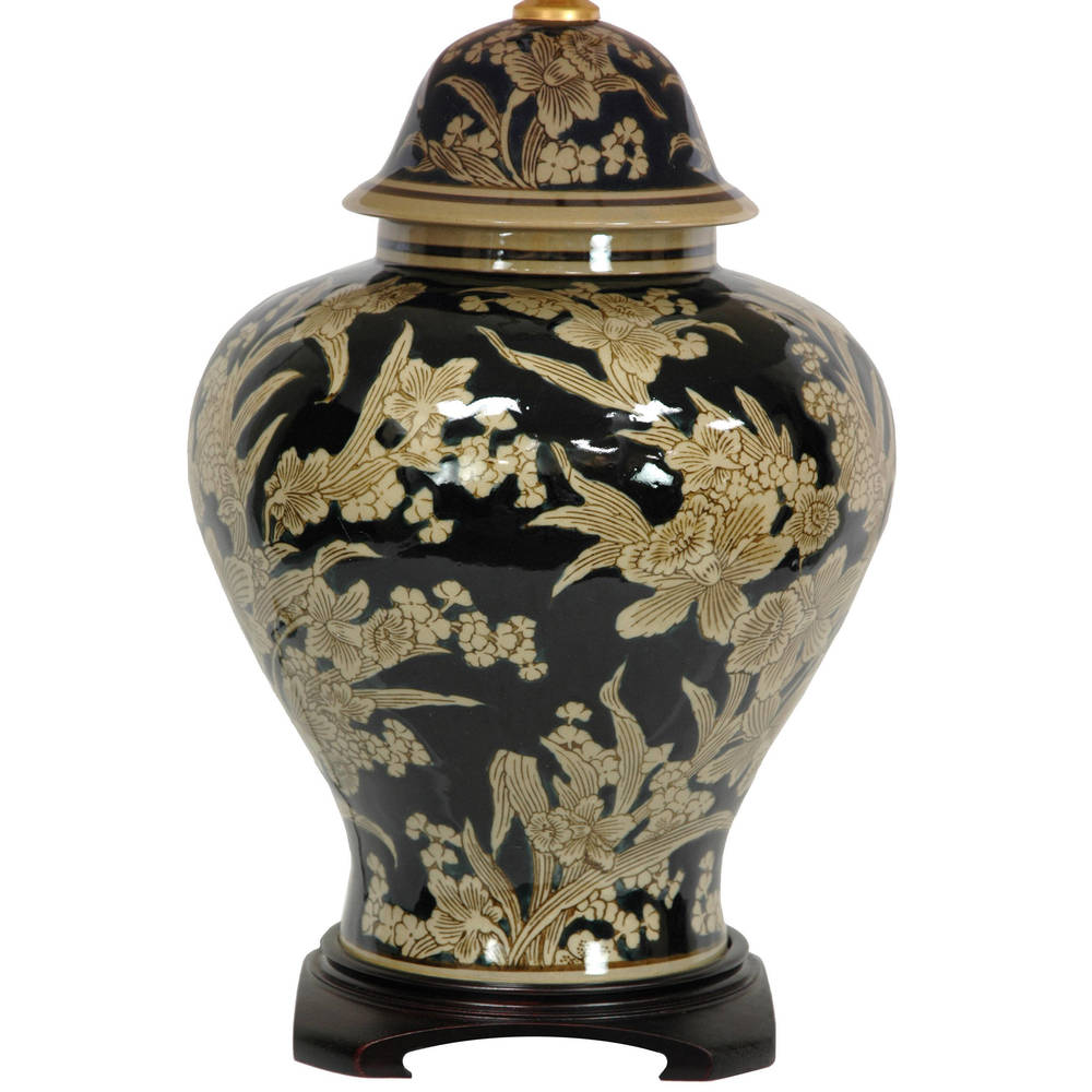 Handmade Black and Tan Porcelain Floral Bouquet Vase Lamp (China)