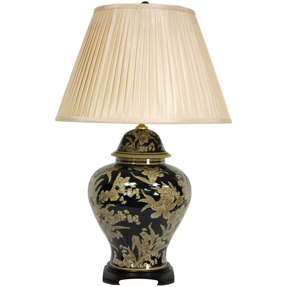 Handmade Black and Tan Porcelain Floral Bouquet Vase Lamp (China)